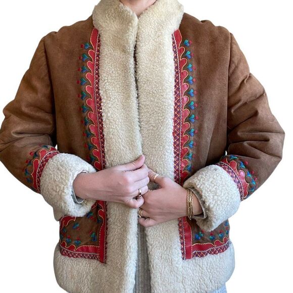 Vintage 70s Retro Shearling Handmade Folk Alfghan Polish Penny Lane Jacket Sz S - Picture 14 of 14